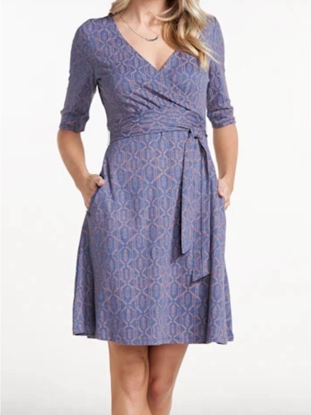Toad&Co Cue Wrap Café Dress Blueberry Batik Dot Size Large Slow Fashion